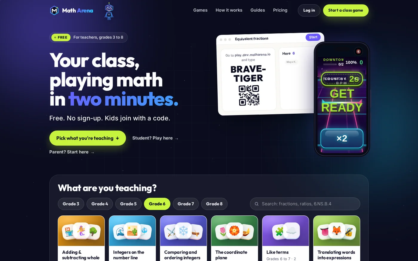 The Math Arena landing page