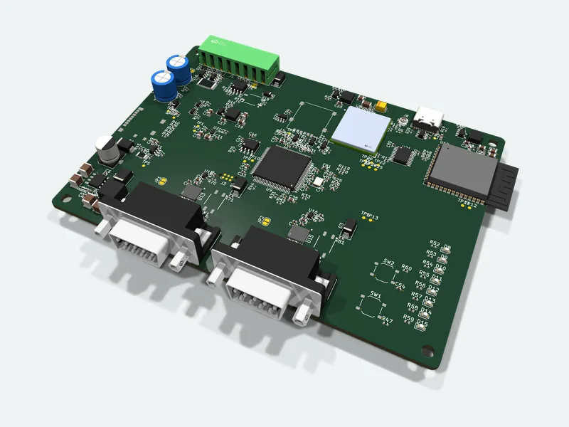 Data logger circuit board with two DB9 connectors, 3D render