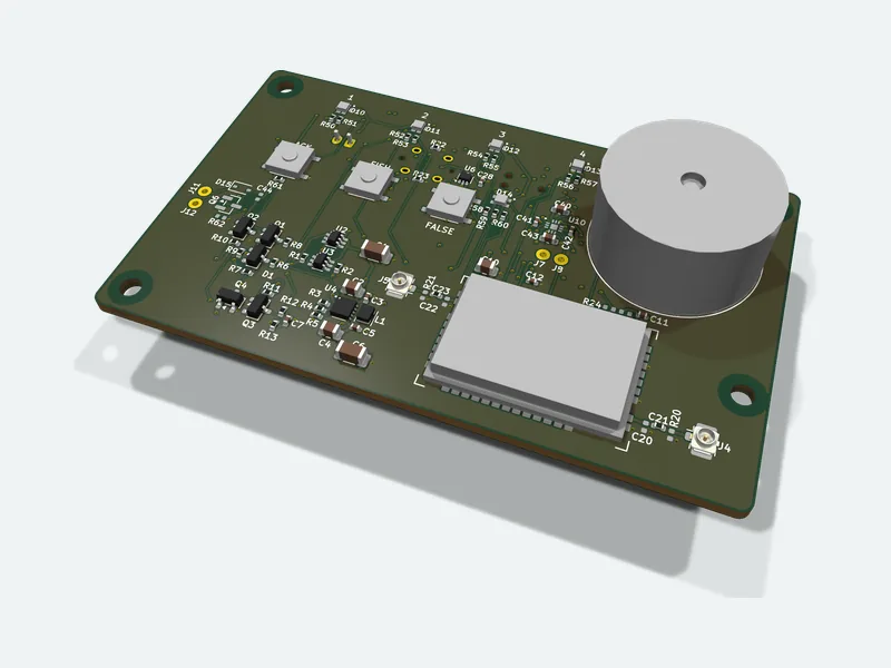 Wireless receiver circuit board with a buzzer, 3D render