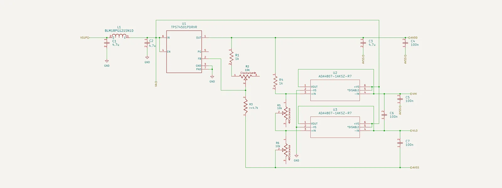 Schematic of an analog power supply and voltage references
