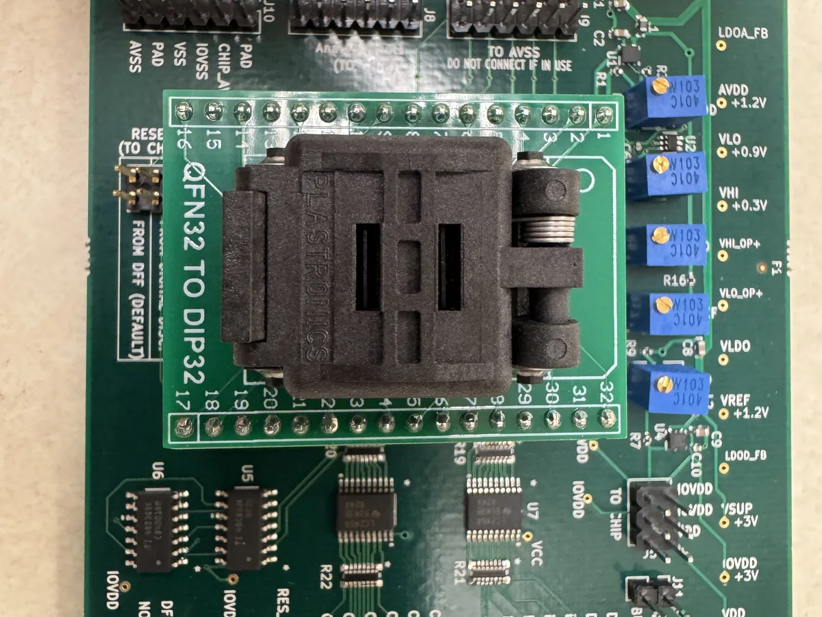 Assembled test board with a QFN32 socket