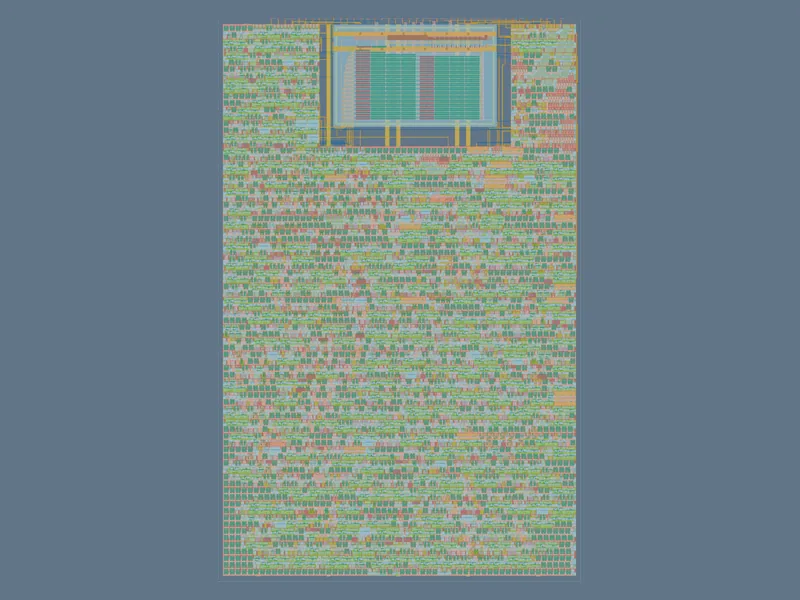 Full chip tile layout, digital logic with the analog block at the top