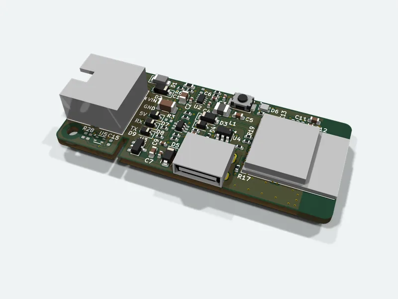 Small Wi-Fi bridge circuit board, 3D render